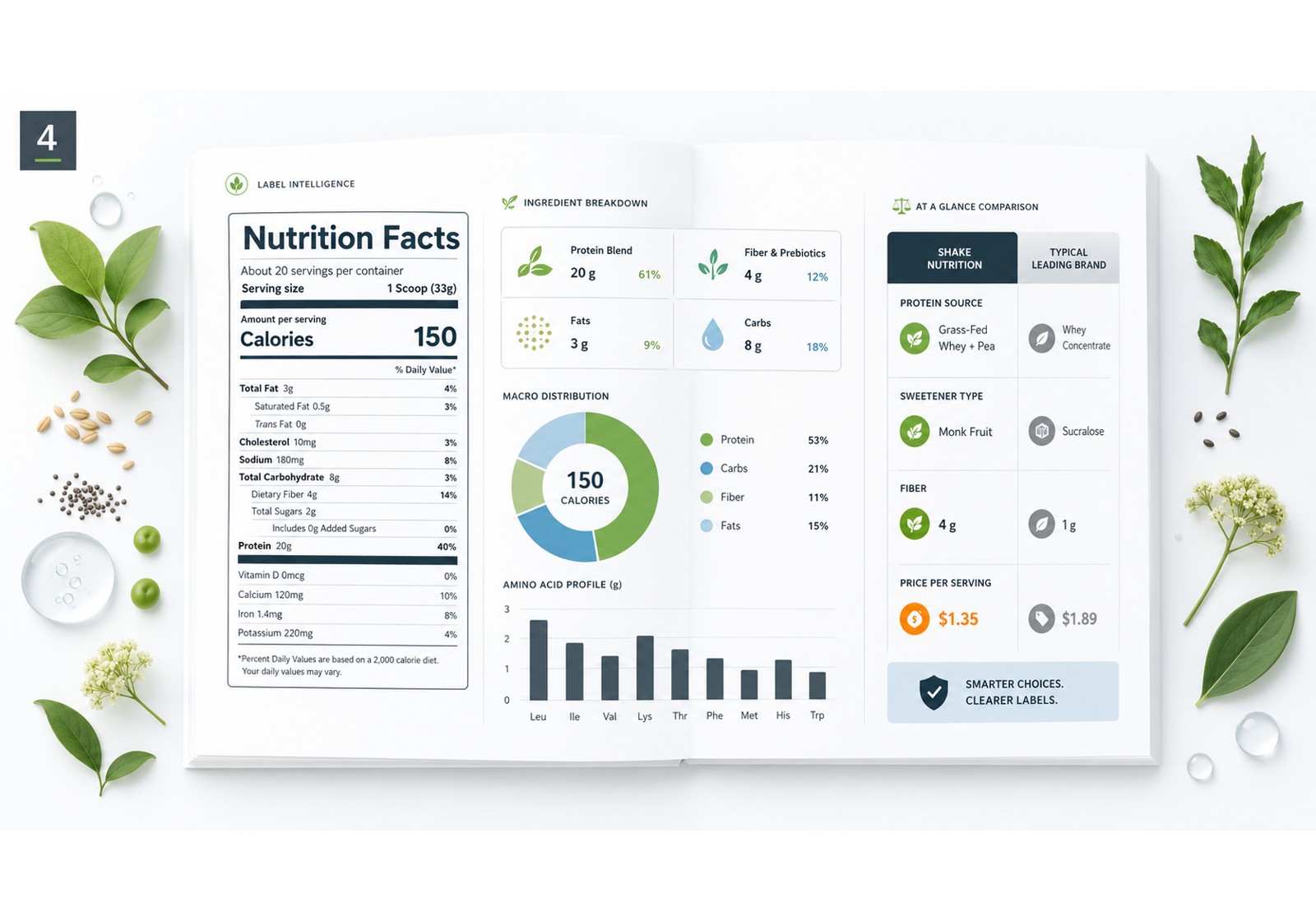 Detailed editorial analysis of a nutrition label with claims, trust score and evidence markers